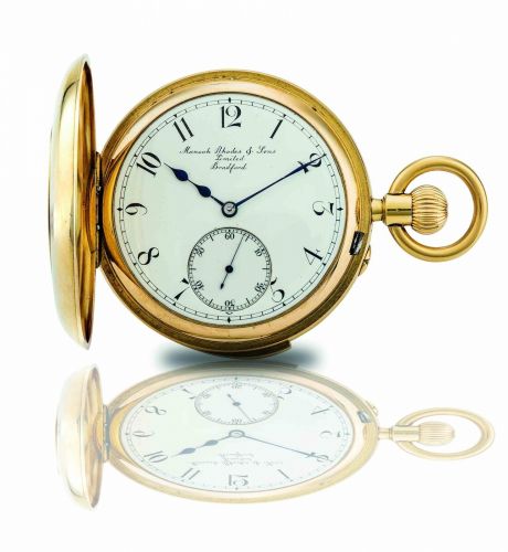Manoah Rhodes & Sons, Bradford. An 18ct gold half hunter quarter repeating keyless wind pocket watch
