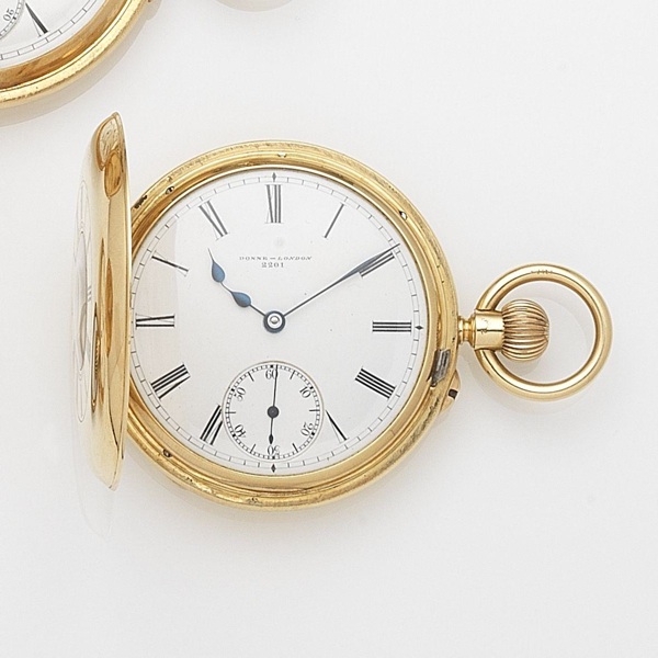 Donne & Son, London. An 18ct gold keyless wind half hunter pocket watch