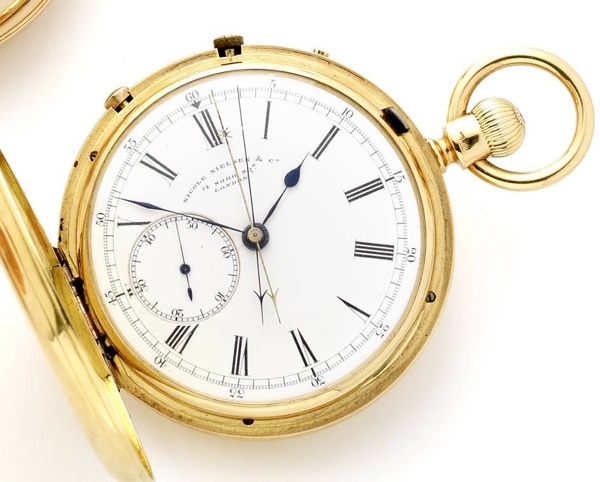 Nicole Nielson & Co., London. A late 19th century 18ct gold full hunter keyless wind split seconds pocket watch