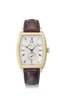 Breguet. A fine and large 18K gold tonneau-shaped automatic wristwatch with date, certificate and box