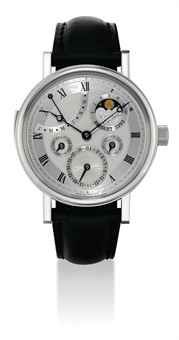 BREGUET. A VERY FINE AND RARE PLATINUM MINUTE REPEATING PERPETUAL CALENDAR WRISTWATCH WITH RETROGRADE MONTH, LEAP YEAR INDICATION AND MOON PHASES