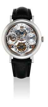 BREGUET. A FINE AND RARE PLATINUM SKELETONISED PERPETUAL CALENDAR TOURBILLON WRISTWATCH WITH RETROGRADE DATE, LEAP YEAR INDICATION AND ORIGINAL CERTIFICATE