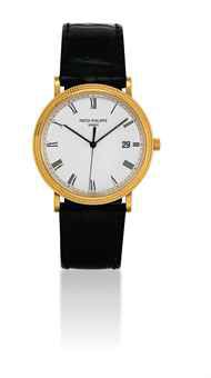 PATEK PHILIPPE. AN 18K GOLD WRISTWATCH WITH SWEEP CENTRE SECONDS AND DATE AND ORIGINAL CERTIFICATE