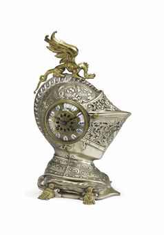 Japy Freres. A Silver-Plated Brass Striking Mantle Clock in the Form of a Knights Helmut