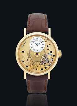 BREGUET. A FINE AND UNUSUAL 18K GOLD SEMI-SKELETONISED AUTOMATIC WRISTWATCH WITH RETROGRADE SECONDS