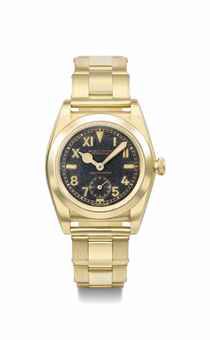 Rolex. A very rare and attractive 18K gold automatic bubble back wristwatch with black lacquer California dial and bracelet