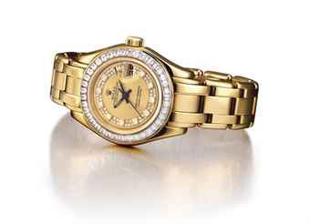 ROLEX. A LADY'S RARE 18K GOLD AND DIAMOND-SET AUTOMATIC WRISTWATCH WITH SWEEP CENTRE SECONDS, DATE AND BRACELET