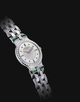 PATEK PHILIPPE. A FINE AND RARE 18K WHITE GOLD, DIAMOND AND EMERALD-SET BRACELET WATCH WITH ORIGINAL CERTIFICATE