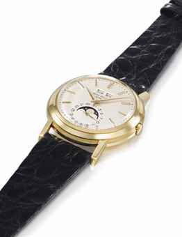 Patek Philippe. An exceptional and unique 18K gold manually-wound perpetual calendar wristwatch with moon phases, triple-stepped bezel and straight elongated lugs