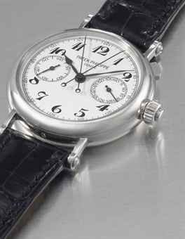 Patek Philippe. A very fine and rare platinum split second chronograph wristwatch with Breguet numerals and original certificate