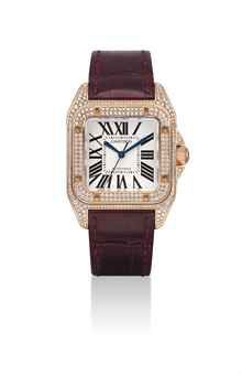 CARTIER. A LADY'S FINE 18K PINK GOLD AND DIAMOND-SET SQUARE AUTOMATIC WRISTWATCH WITH SWEEP CENTRE SECONDS