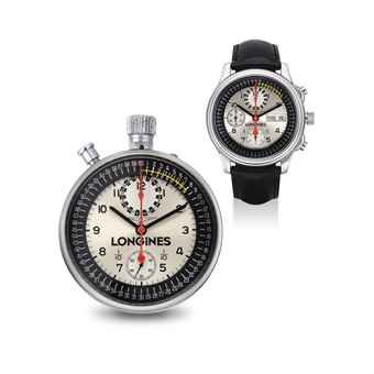 LONGINES. A RARE SET OF STAINLESS STEEL LIMITED EDITION CHRONOGRAPH WATCHES