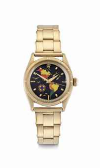 Rolex. A Superlative and Possibly Unique 18k Gold and Cloisonné Automatic Wristwatch with Map of the Americas and Bracelet