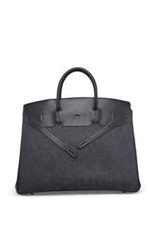 RARE SAC BIRKIN SHADOW 40 EN CUIR EVERCALF NOIR & DENIM, GARNITURE EN MÉTAL ARGENTÉ PALLADIÉ
