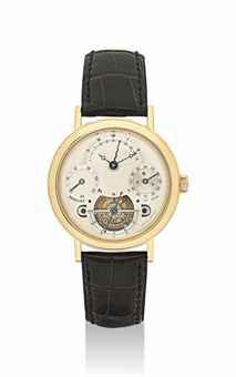 BREGUET. A FINE AND RARE 18K GOLD PERPETUAL CALENDAR TOURBILLON WRISTWATCH WITH RETROGRADE DATE AND LEAP YEAR INDICATION