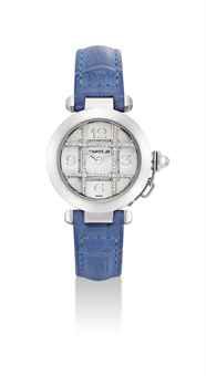 CARTIER. A LADY'S FINE 18K WHITE GOLD AND DIAMOND-SET AUTOMATIC WRISTWATCH WITH SWEEP CENTRE SECONDS