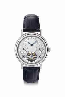 Breguet. A Rare and Fine Platinum Perpetual Calendar Tourbillon Wristwatch with Retrograde Date and Leap Year Indication