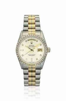 ROLEX. A FINE AND RARE 18K THREE COLOUR GOLD AND DIAMOND-SET AUTOMATIC WRISTWATCH WITH SWEEP CENTRE SECONDS, DAY, DATE AND BRACELET