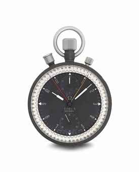 Omega. A stainless steel and non-slip enamel openface split seconds chronograph keyless lever watch