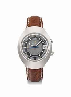 Omega. A large stainless steel cushion-shaped automatic wristwatch with sweep centre seconds, date and alarm