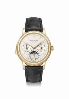 Patek Philippe. A very fine and rare 18K gold automatic minute repeating perpetual calendar wristwatch with moon phases, original certificate, second case back and box
