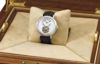 Breguet. A very fine, rare and large platinum tourbillon wristwatch with original certificate and box