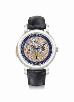 Patek Philippe. An exceptional and very rare platinum and 18K pink gold automatic semi-skeletonized minute repeating perpetual calendar wristwatch with retrograde date, moon phases, Certificate and box