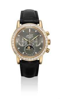 PATEK PHILIPPE. A FINE AND EXTREMELY RARE 18K PINK GOLD AND DIAMOND-SET PERPETUAL CALENDAR CHRONOGRAPH WRISTWATCH WITH MOON PHASES, LEAP YEAR INDICATION, SLATE GREY DIAL, ORIGINAL CERTIFICATE AND BOX