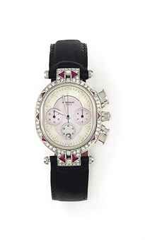 A STAINLESS STEEL DIAMOND, RUBY AND MOTHER-OF-PEARL 'ANDROMÈDE' QUARTZ CHRONOGRAPH WRISTWATCH, BY ROBERGÉ