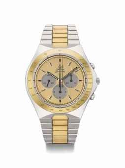 Omega. A Very Fine and Rare Two-Tone Stainless Steel and Gold Plated Chronograph Wristwatch with Bracelet and Box
