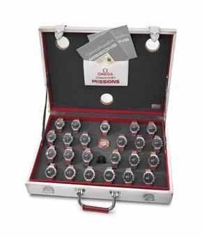Omega. A Fine and Rare Collection of 23 Stainless Steel Limited Edition Chronograph Wristwatches with Bracelet, a Plastic Encased Display Caliber 1861 and a Space Suit Cloth-Covered Suitcase, Made to Commemorate the Speedmaster Professional’s 40th Anniver