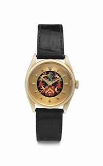 Rolex. An Extremely Rare and Very Attractive 18k Gold Automatic Wristwatch with Center Seconds and Cloisonné Dial