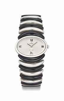 Omega. An unusual sterling silver and onyz lady's bracelet watch with oval dial