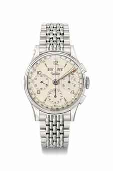 Breitling. A very fine and rare stainless steel triple calendar chronograph wristwatch with bracelet