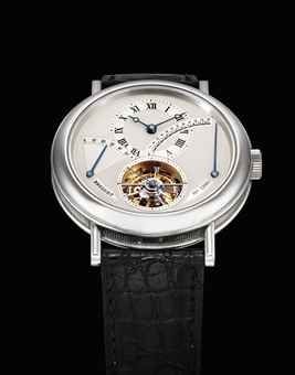 BREGUET. A FINE AND RARE PLATINUM TOURBILLON WRISTWATCH WITH POWER RESERVE AND RETROGRADE 24 HOUR INDICATION