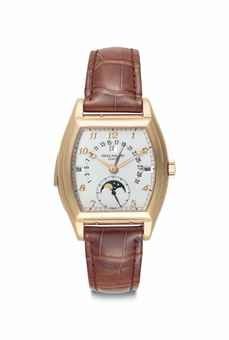 Patek Philippe. An Extremely Fine and Rare 18k Pink Gold Tonneau-Shaped Automatic Minute Repeating Perpetual Calendar Wristwatch with Retrograde Date, Moon Phases, and Additional Solid Case Back