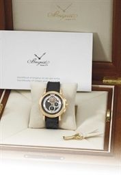 Breguet. A very fine and attractive 18K pink gold chronograph wristwatch with tourbillon regulator, guarantee and box