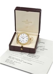 Patek Philippe. An extremely fine and unique 18K gold hunter case keyless lever watch with enamel miniature “bateau commercial” by J-L Péter, the back with engraved nautical symbols, original certificate and box, made to special order