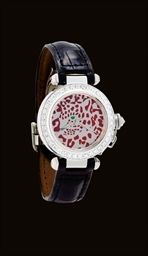 CARTIER. A FINE AND RARE 18K WHITE GOLD AND DIAMOND-SET LIMITED EDITION AUTOMATIC WRISTWATCH WITH SWEEP CENTRE SECONDS AND CHAMPLEVÉ ENAMEL DIAL