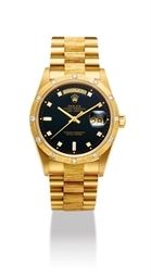ROLEX. A RARE AND ATTRACTIVE 18K GOLD AND DIAMOND-SET AUTOMATIC WRISTWATCH WITH SWEEP CENTRE SECONDS, DAY, DATE, BRACELET AND ONYX DIAL