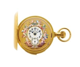 MARCKS & CO./LECOULTRE. A FINE, RARE AND ATTRACTIVE 18K GOLD AND ENAMEL HUNTER CASE MINUTE REPEATING THREE AUTOMATON KEYLESS LEVER WATCH