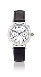 PATEK PHILIPPE. A VERY FINE AND RARE PLATINUM SPLIT SECONDS CHRONOGRAPH WRISTWATCH WITH BREGUET NUMERALS, ORIGINAL CERTIFICATE AND BOX