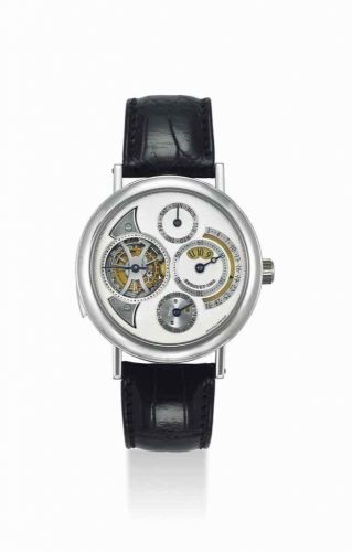 BREGUET. AN EXTREMELY RARE PLATINUM MINUTE REPEATING PERPETUAL CALENDAR TOURBILLON WRISTWATCH WITH JUMPING HOURS, RETROGRADE DATE AND LEAP YEAR INDICATION