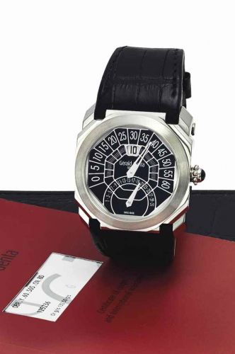 GERALD GENTA. A FINE 18K WHITE GOLD OCTAGONAL AUTOMATIC JUMP HOUR DOUBLE RETROGRADE WRISTWATCH WITH DATE