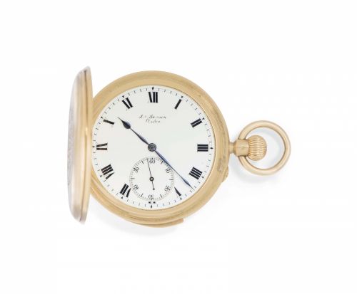 AN 18CT GOLD MINUTE REPEATING HUNTER CASE POCKET WATCH, BY BENSON