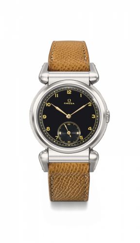 Omega. A very fine, rare and unusual stainless steel wristwatch with black dial and fancy lugs
