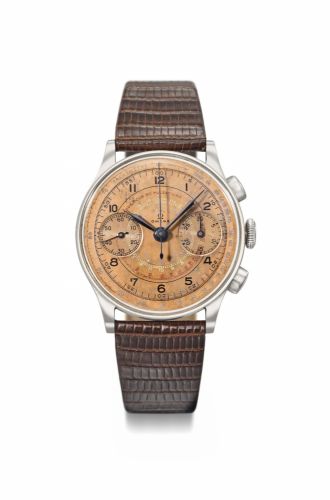 Omega. A very fine, attractive and large stainless steel chronograph wristwatch with pink multi-scale dial