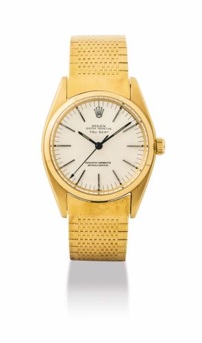 ROLEX. A FINE AND RARE 18K GOLD AUTOMATIC WRISTWATCH WITH DEAD BEAT JUMP SECONDS