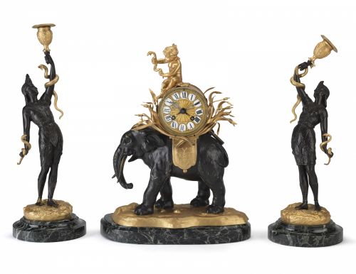 ELEPHANT CLOCK WITH TWO CANDELABRA