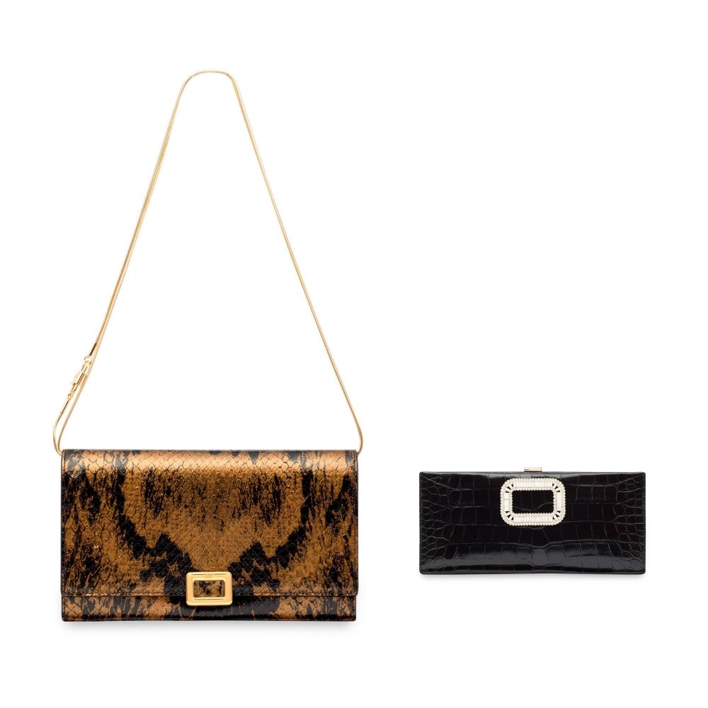 TWO HANDBAGS: A SHINY BLACK ALLIGATOR EVENING CLUTCH AND A SHINY GOLD SNAKESKIN LONG WALLET ROGER VIVIER, 2010s